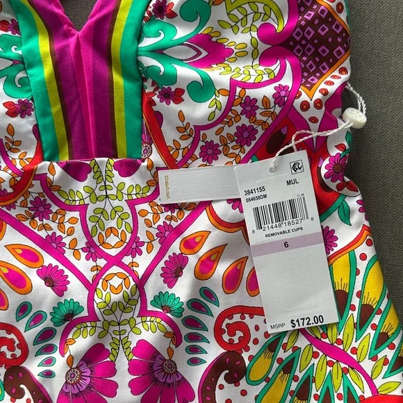 Trina Turk Pink and Green Patterned Swimsuit - Picture 2 of 8